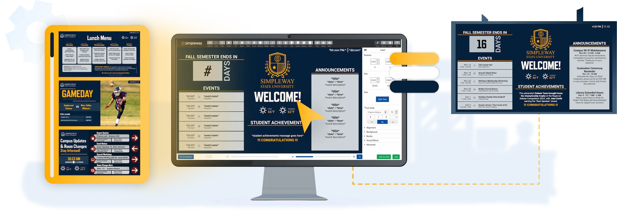 Education CX display designer tool for creating and editing visual content layouts for campus screens