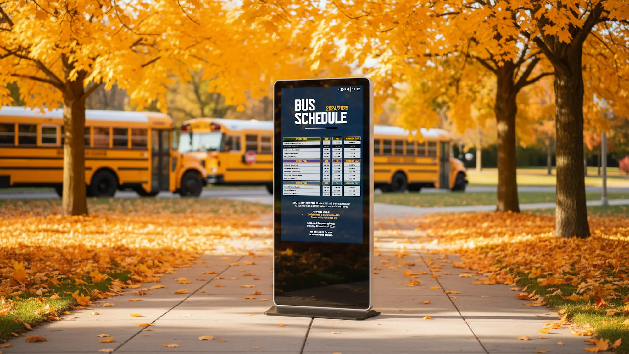 Freestanding outdoor digital kiosk displaying a bus schedule, positioned in a school parking area with yellow school buses lined up under autumn-colored trees.