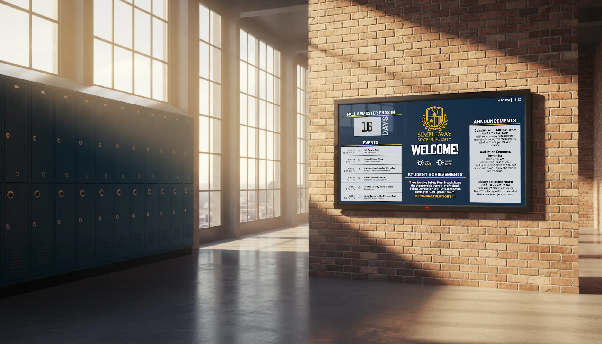 Wall-mounted digital display in a school hallway with lockers, showing a schedule or notice board with text and structured information for students passing by.