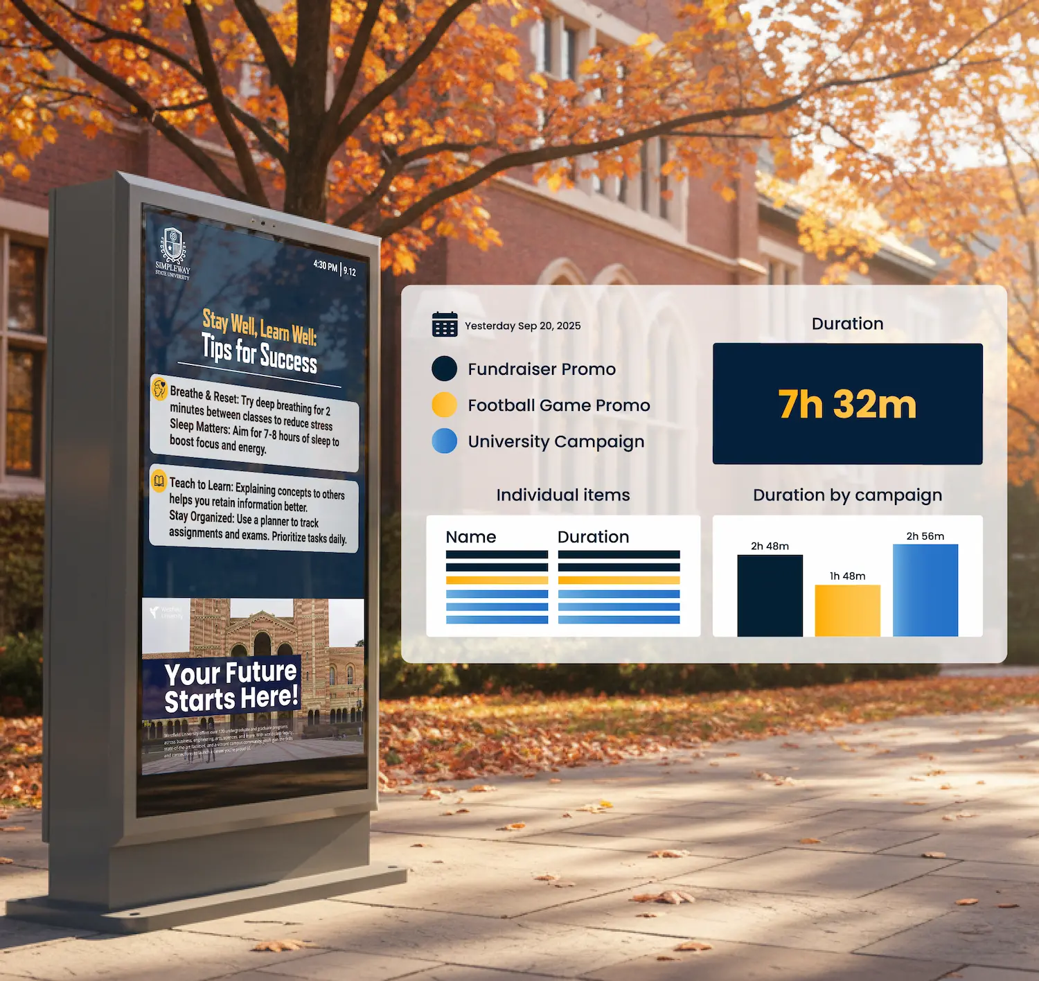 Campus digital signage display showing scheduled content managed through the Education CX platform
