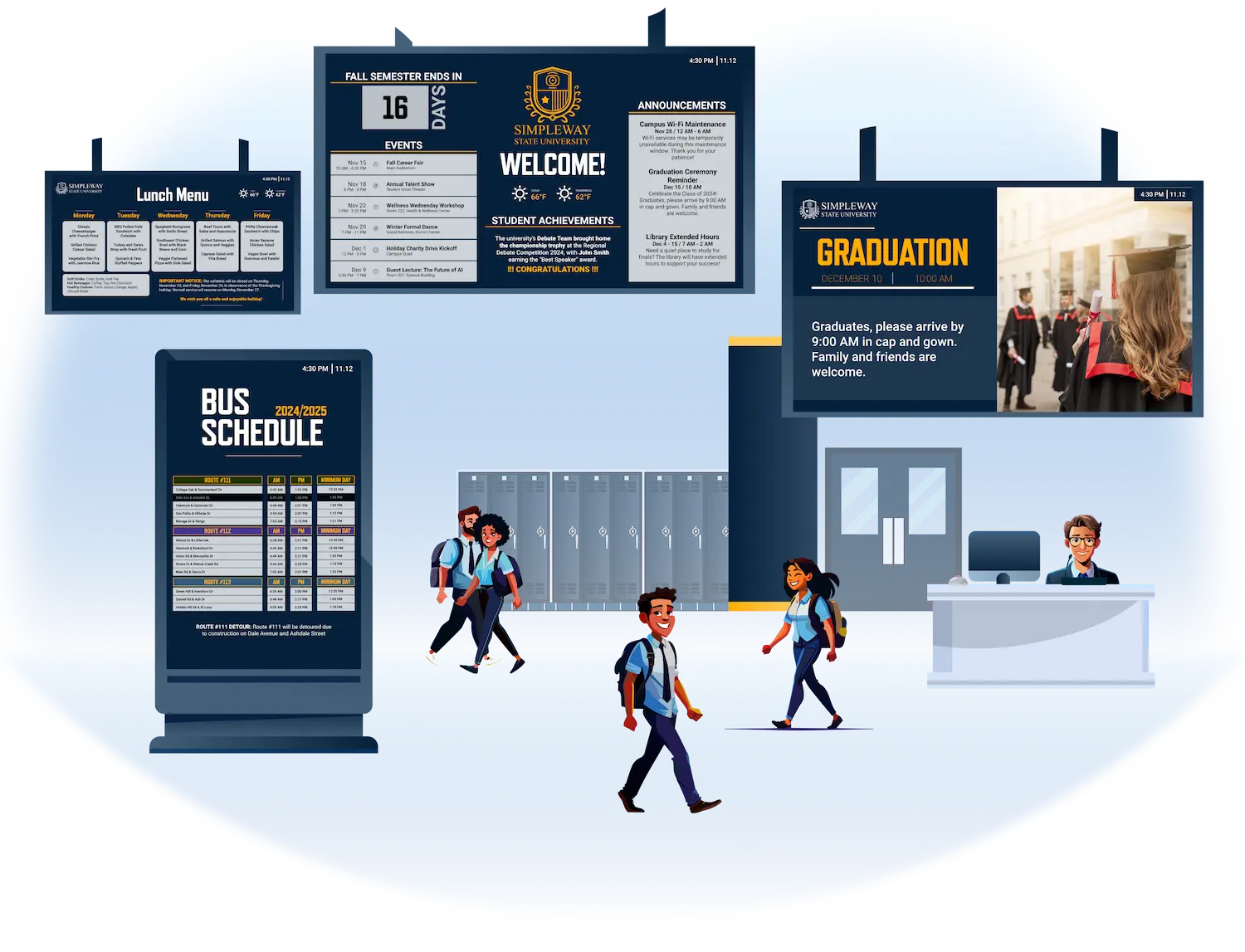 Education CX digital content management system interface showing campus display layouts and content scheduling tools