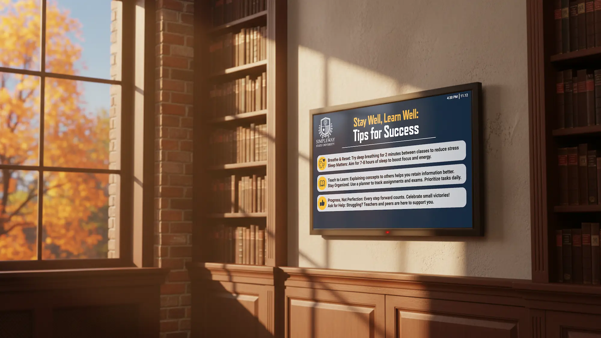 Digital display mounted on a wall in a library or staff room, showing a motivational or informational screen titled "Start Well, Learn Well: Tips for Success" with a checklist, warm autumn light streaming through tall windows.