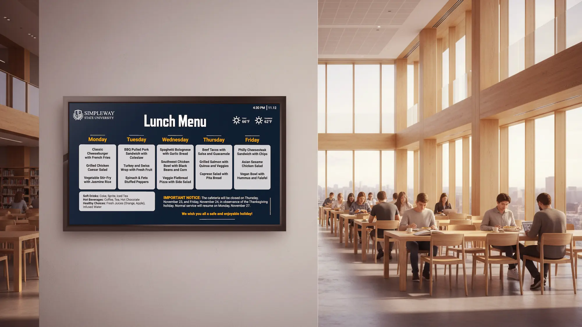 Wall-mounted digital menu board in a bright school cafeteria displaying the daily lunch menu with multiple columns of meal options, allergen details, and nutritional information, with students seated at tables in the background.
