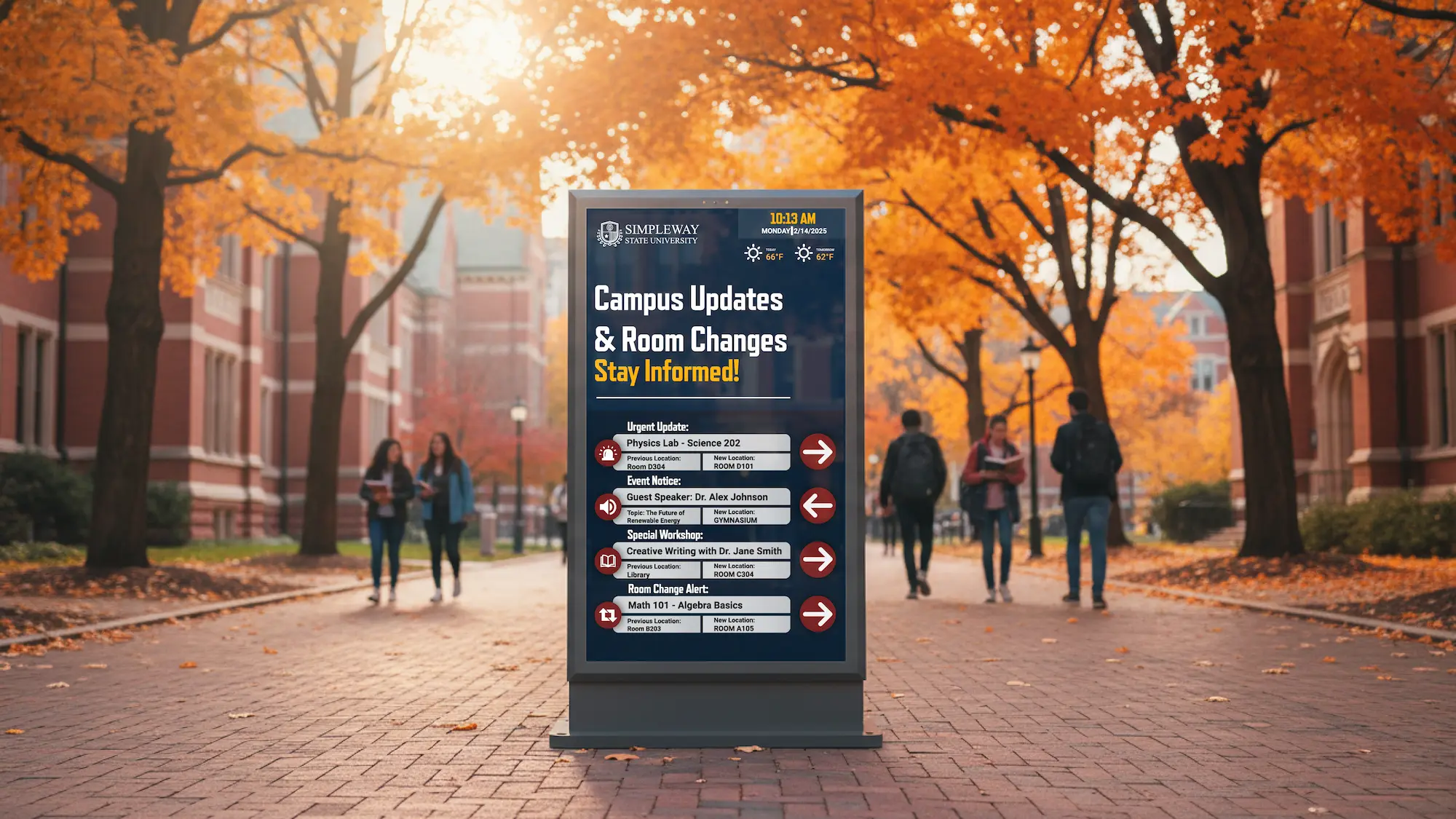 Digital signage display outdoors on a school campus showing "Campus Updates & Room Changes – Stay Informed!" with directional arrows and schedule information, surrounded by students walking among autumn trees.