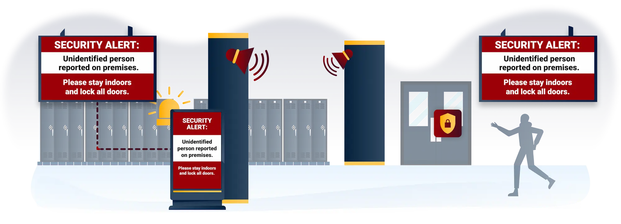 Education CX emergency response and security system hero image showing campus-wide alert activation across all zones