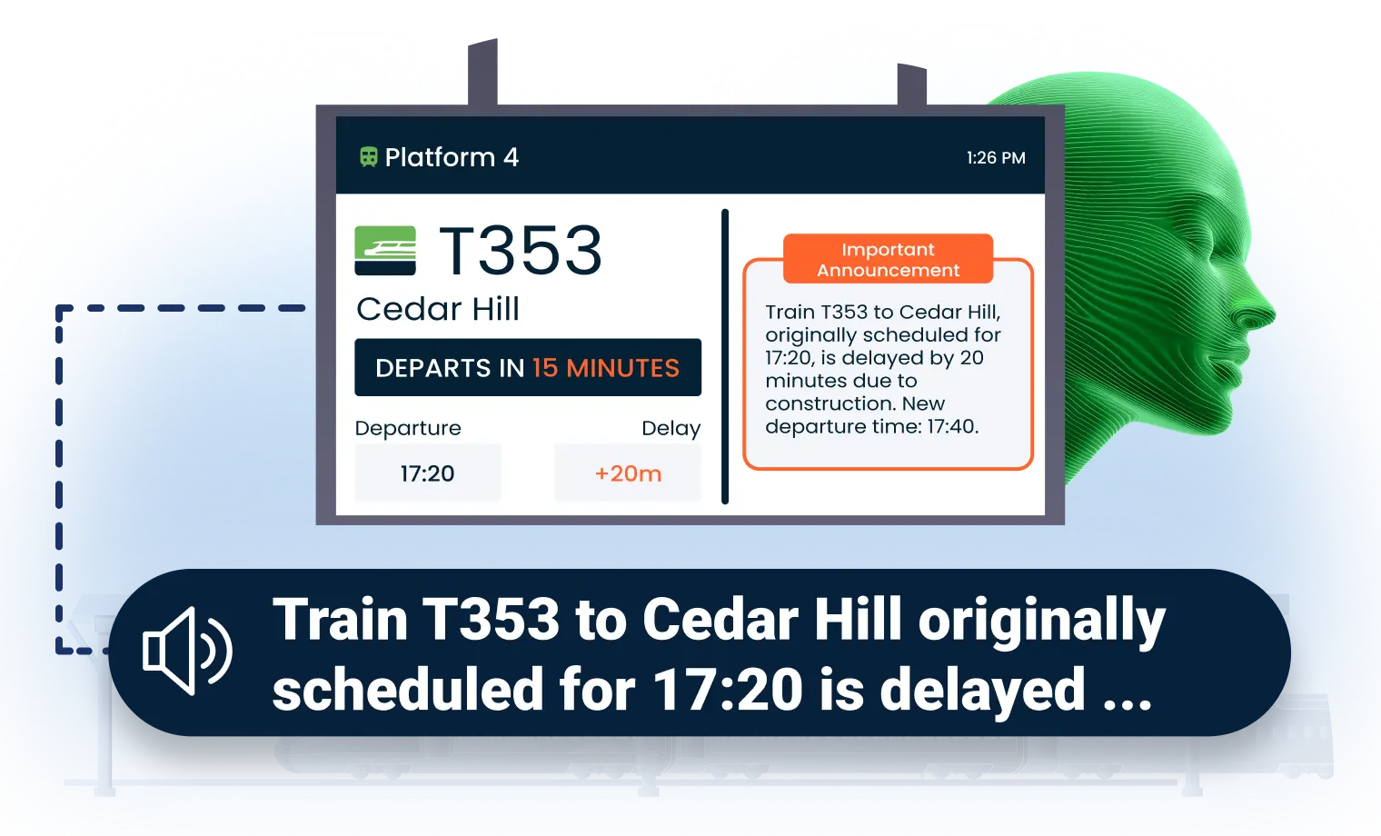 Transit CX voice announcement system card showing automated multilingual PA triggered from live GTFS vehicle data across the transit network