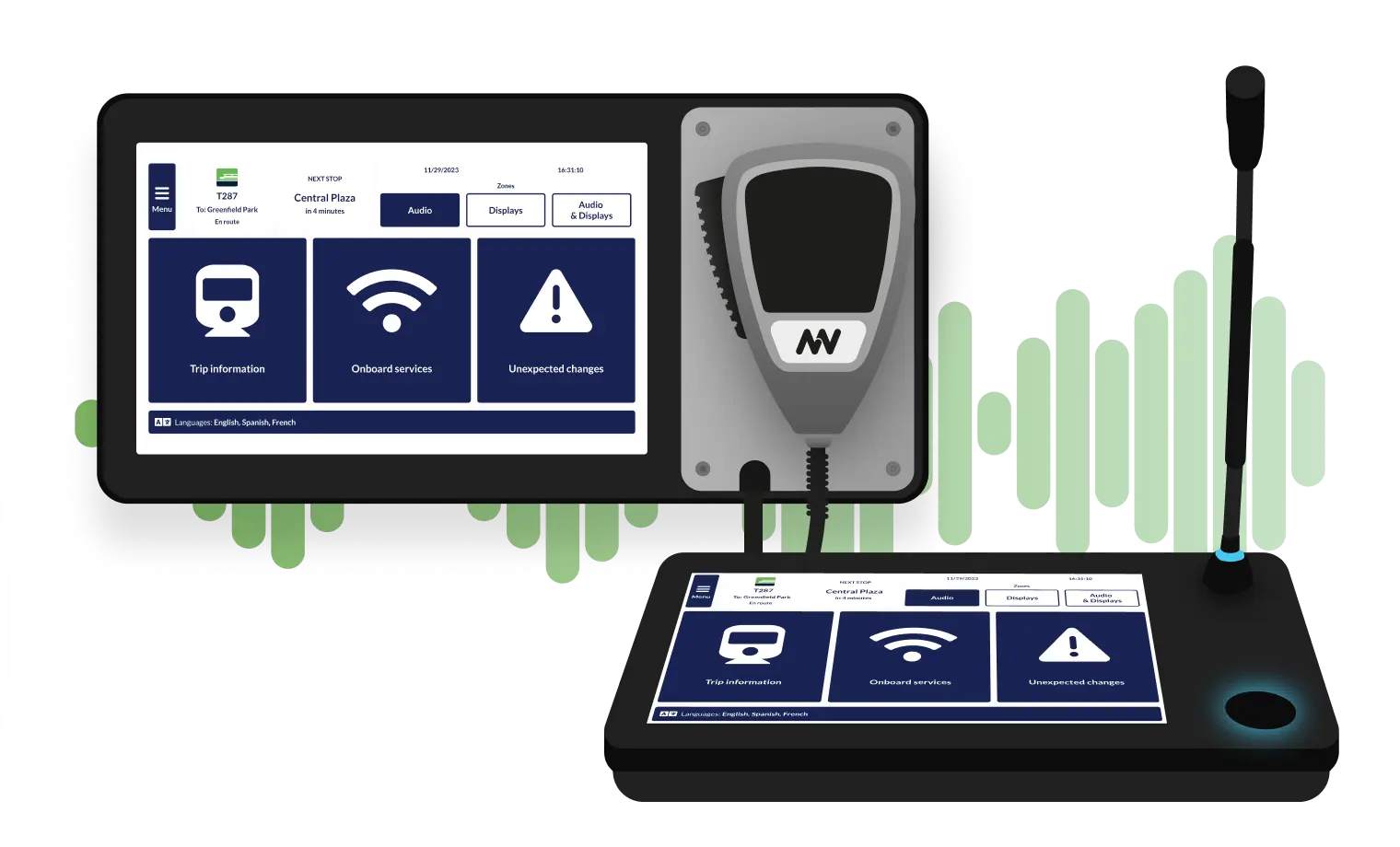 Transit CX hardware card showing nnounce paging stations, amplifiers and integration devices built for transit station environments