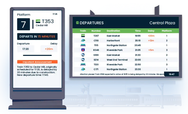 Transit CX passenger information display card showing real-time arrivals, platform assignments and service alerts on station screens