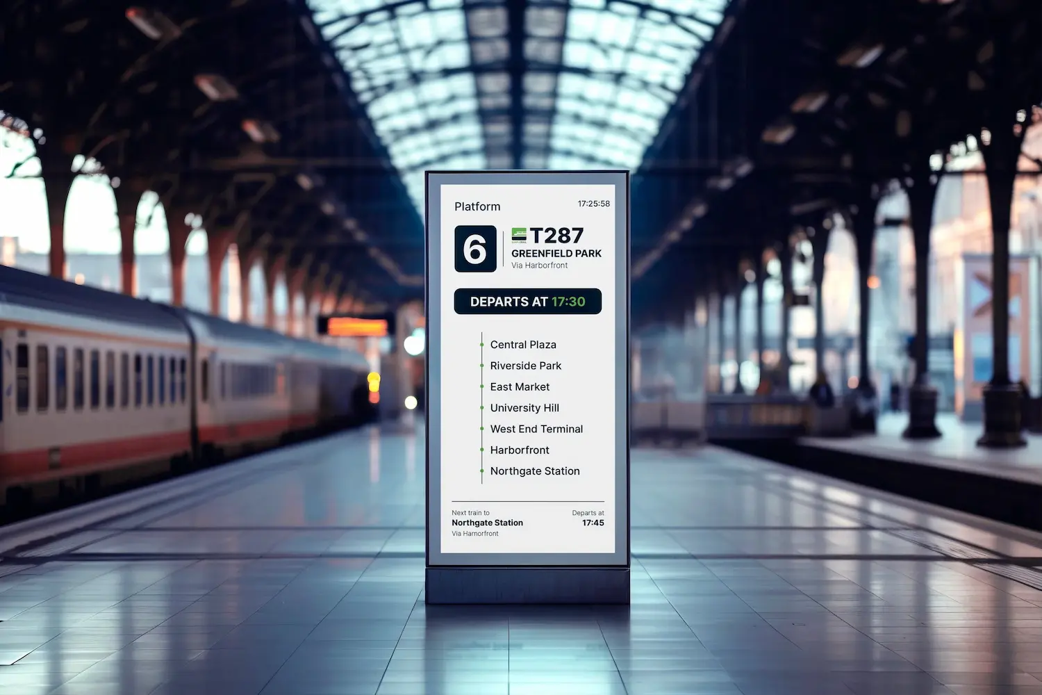 Transit CX PIDS showing departure times, destinations and platform assignments pulled from GTFS feeds on station passenger information displays