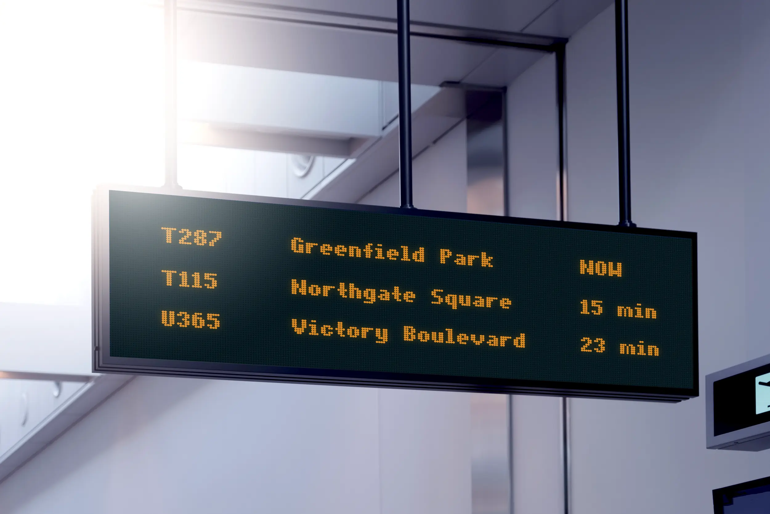Transit CX data-driven LED panel showing live GTFS arrival and departure information on an outdoor transit stop display