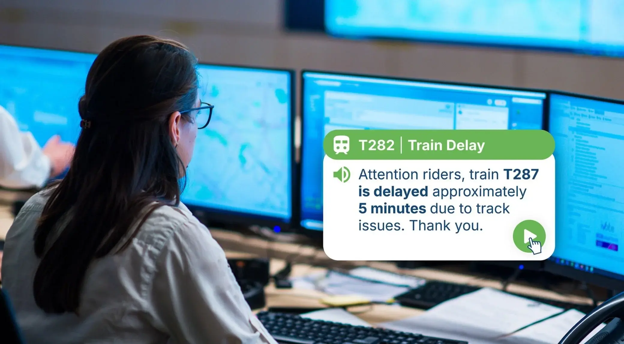 Transit CX manual paging interface allowing operations staff to record or type zone-targeted announcements from control room microphone stations