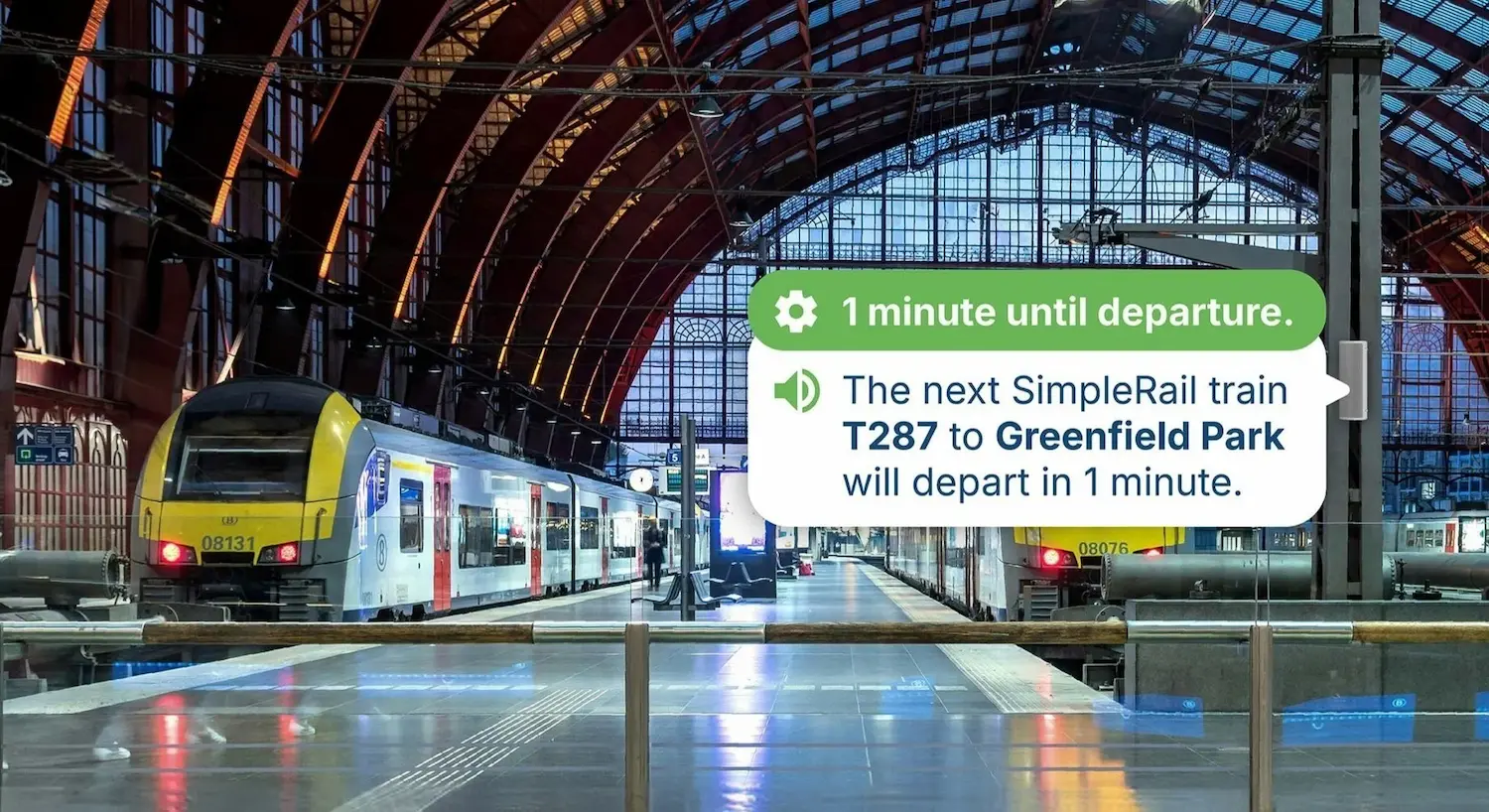 Transit CX automated announcement interface showing GTFS-triggered next-stop and arrival announcements broadcasting without staff intervention