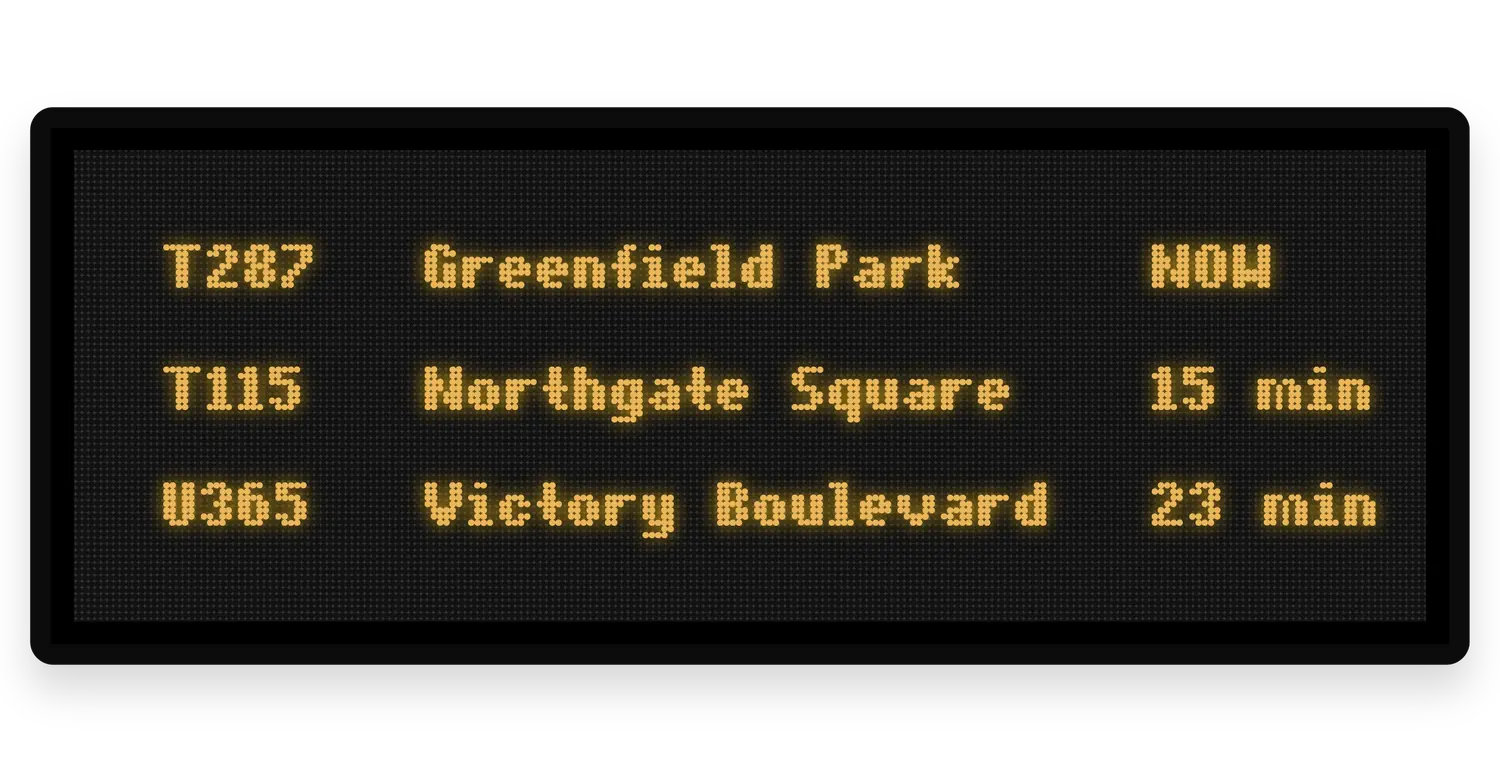 Transit CX data-driven LED departure board showing live GTFS arrival and service status information at a transit stop or platform