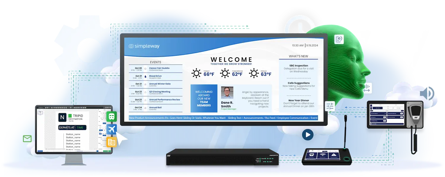 Simpleway unified audio and visual communication system hero image showing integrated PA and digital signage across an airport, transit and healthcare environment