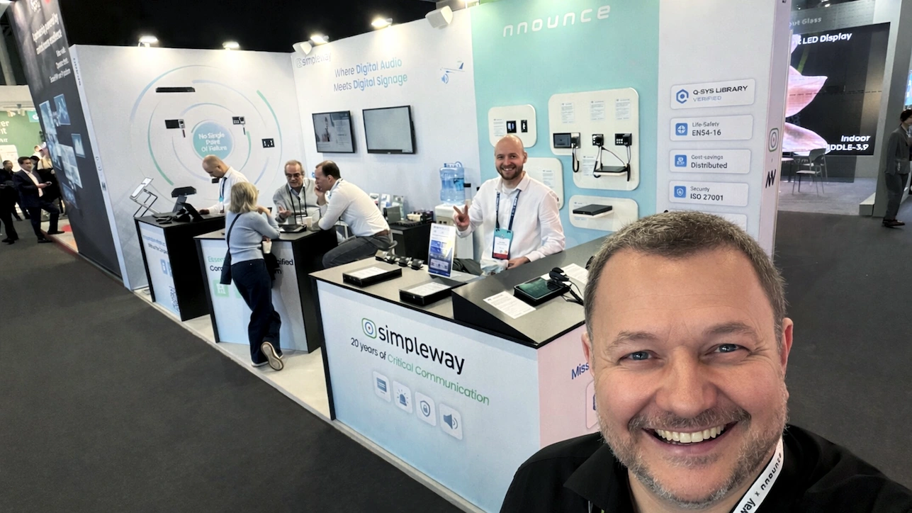 Simpleway team at ISE 2026 in Barcelona showcasing Airport CX, Transit CX and nnounce hardware at the trade show booth