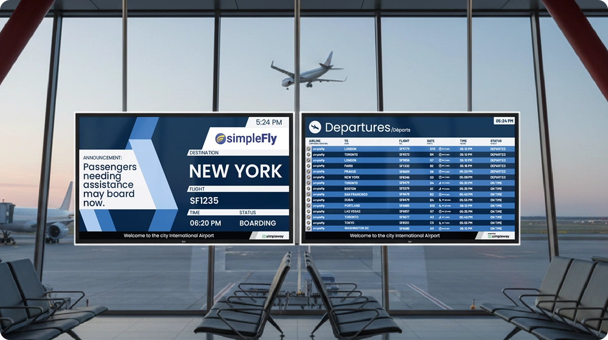 Two digital flight information displays mounted side by side in an airport terminal with large windows and a plane visible on the tarmac, showing a Simpleway-branded departure board with New York highlighted and a full list of departing flights with statuses.