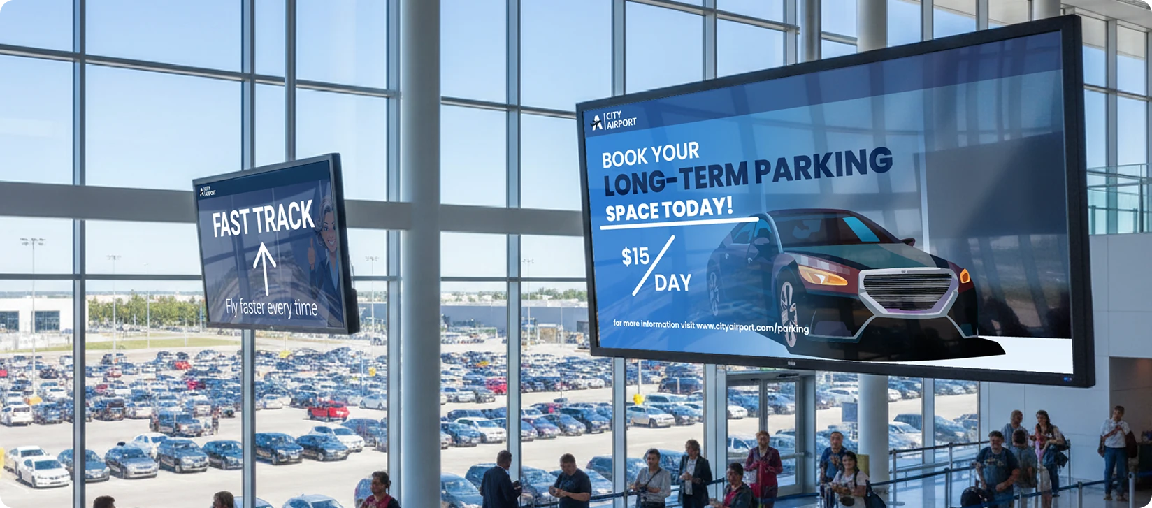 Airport CX contextual service promotion showing lounge access and fast-track upgrades targeted to passengers based on flight status and terminal location