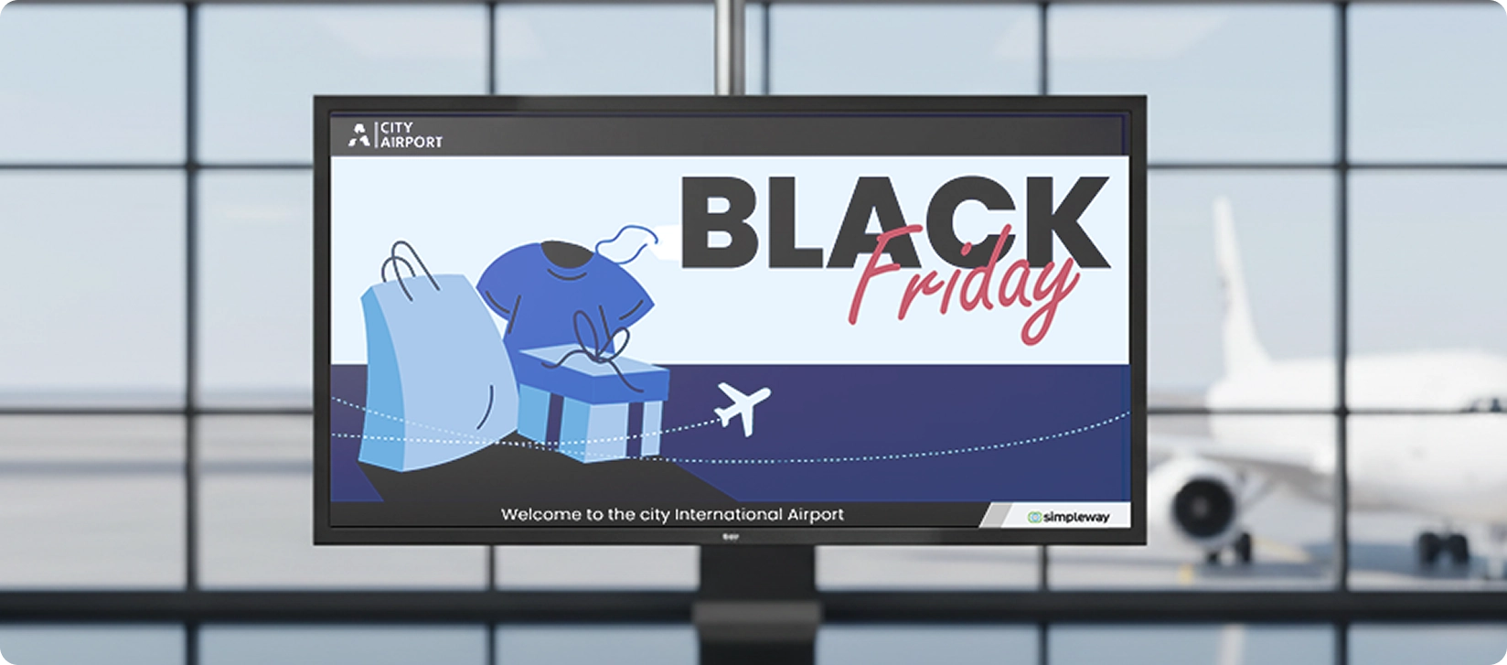 Airport CX retail engagement display showing time-sensitive offers and targeted promotions connected to real-time passenger data by terminal area