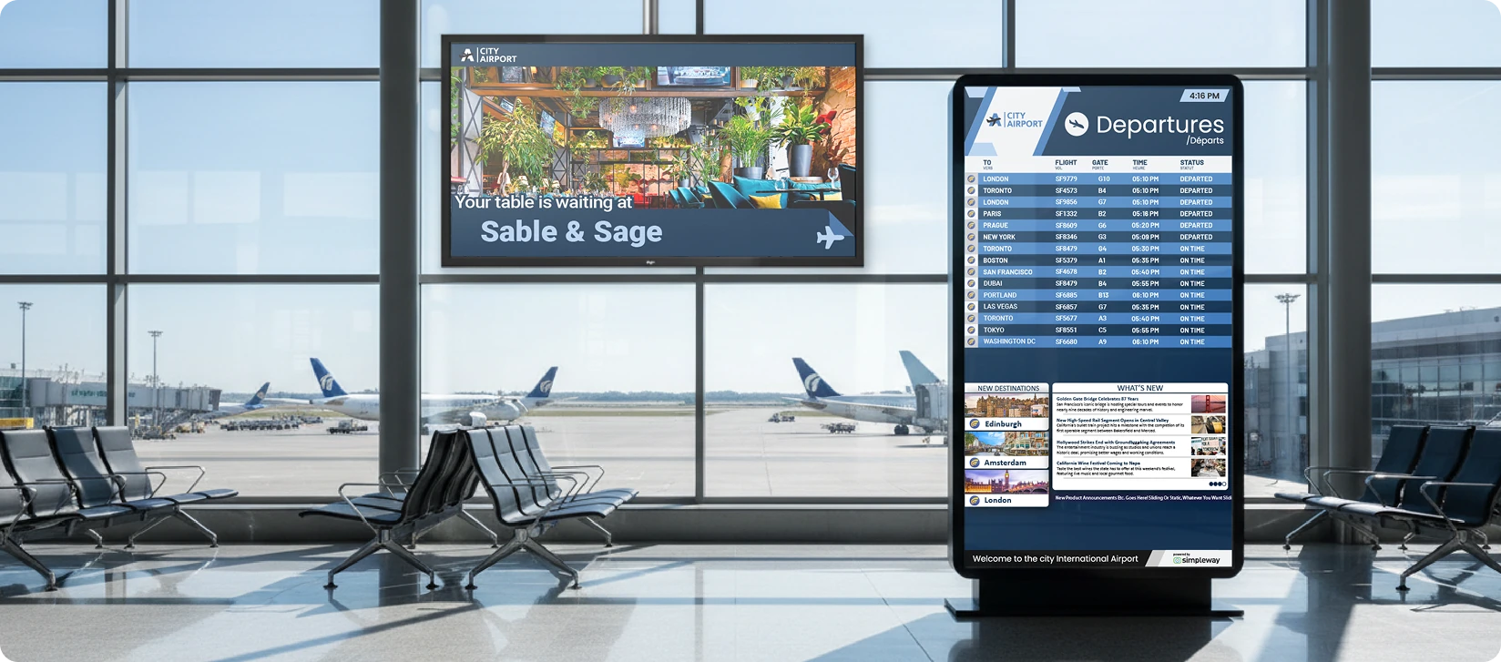 Airport CX split-screen display showing FIDS flight data alongside advertising content with automated switching during boarding delays