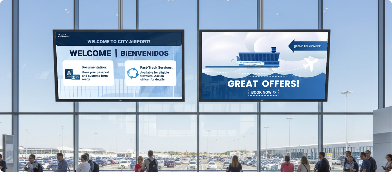 Airport CX branded passenger journey display showcasing local culture and regional partnerships alongside commercial advertising on terminal screens