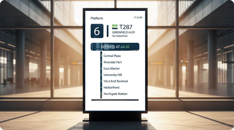 Wall-mounted digital display in a bright glass-fronted transit station showing train T287 route details, including upcoming stops, connections, and arrival times listed on a dark background.