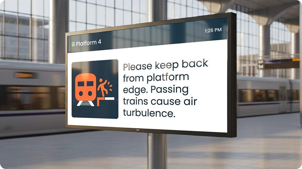 Freestanding digital display on a train platform showing a safety message with a person icon and the text "Please keep back from platform edge. Passing trains cause air turbulence," with a train passing at speed in the background.