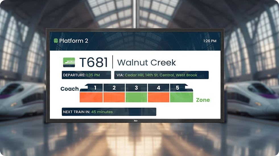 Digital platform display in a large railway station showing occupancy data for train T681 to Walnut Creek, with a coach-by-coach capacity bar chart indicating crowding levels from low to high across individual carriages.