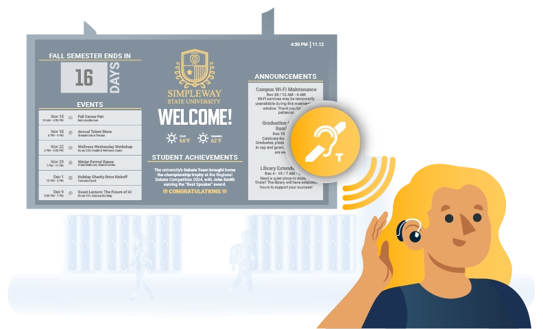 Campus display showing spoken PA announcement converted to on-screen text in real time, supporting students and staff who are deaf or hard of hearing