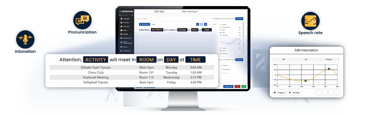 Simpleway Education CX dashboard with a school PA announcement template, activity schedule, and AI voice configuration controls for intonation, pronunciation, and speech rate