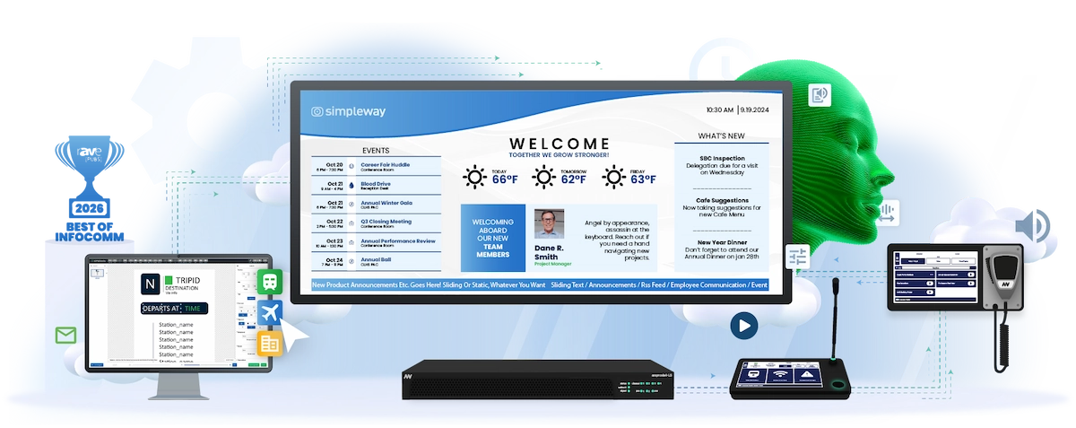 Simpleway unified audio and visual communication system hero image showing integrated PA and digital signage across an airport, transit and healthcare environment