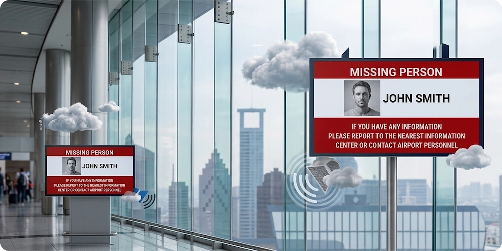 Scenario of a missing person alert through visual and audio communication in airport environment.