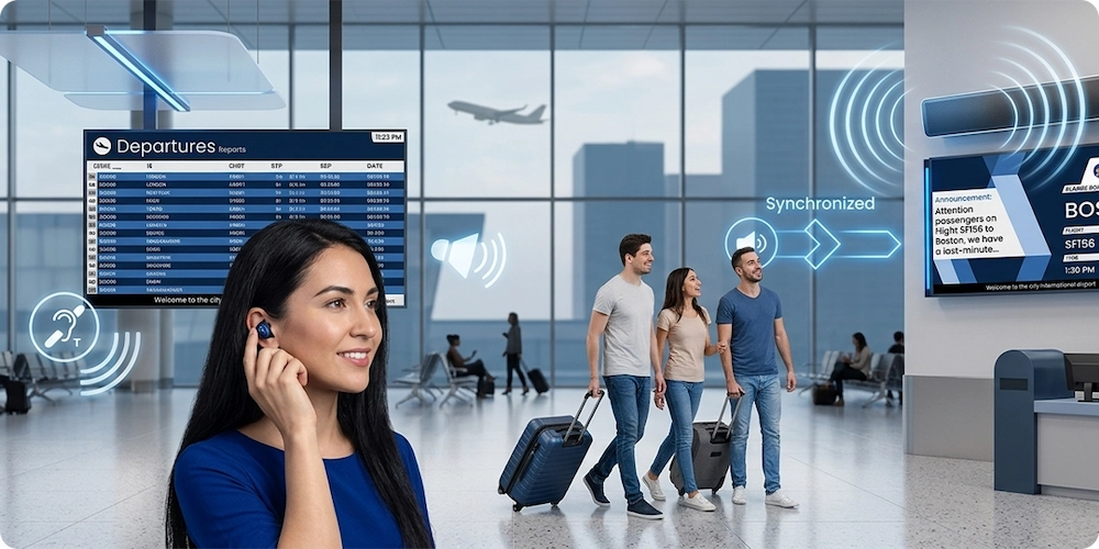 Airport CX synchronized communication at airport hall. Announcement shown on displays and played over audio, even through hearing aids.