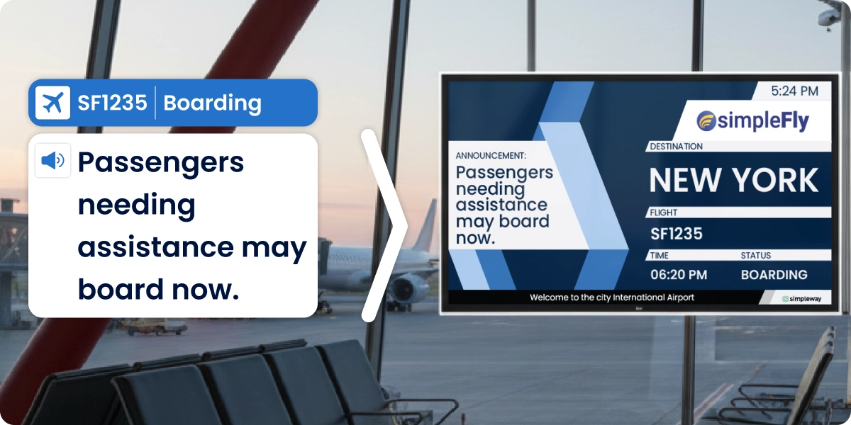 Speech-to-text image showcasing live announcement turning to visual paging on FIDS screen.