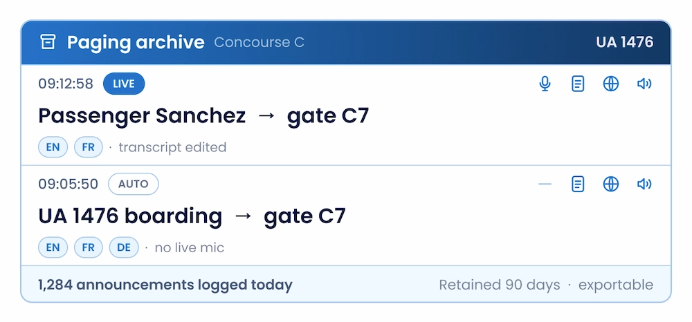 Paging archive: The full archive is searchable by name, flight, gate, or zone, so any call can be found and reviewed in seconds.