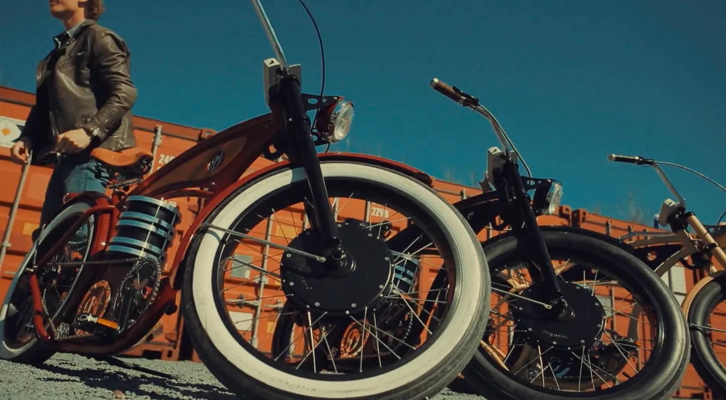 Twee elektrische fietsen in een industriële setting - Commerciële video door Limestone Pictures.