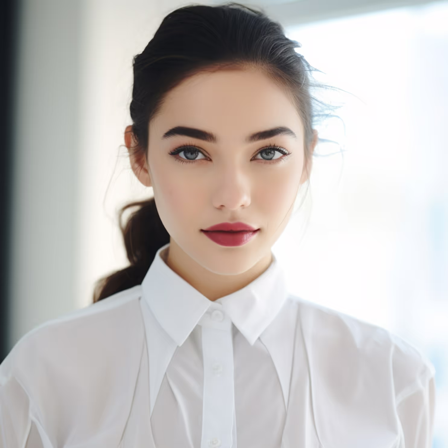 Mladi žena s tamnom kosom vezanom u rep nosi bijelu košulju i gleda ravno u kameru u svijetlom prostoru.