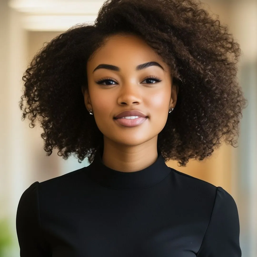 Žena s gustim kovrdžavim tamnosmeđim kosom i crnom bluzom stoji u svijetlom prostoru.