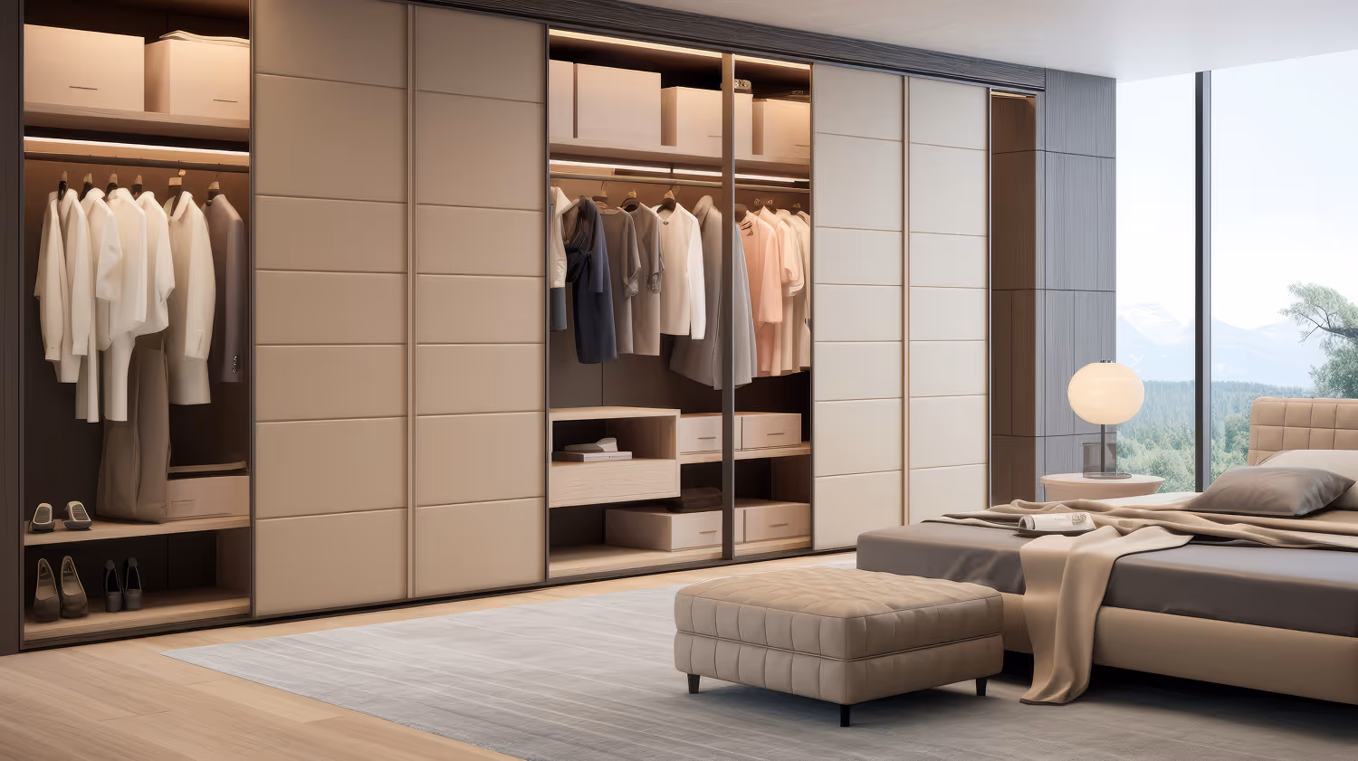 Modern bedroom with a large beige upholstered bed, matching ottoman, nightstand with a spherical lamp, and a built-in wardrobe with sliding doors and hanging clothes.
