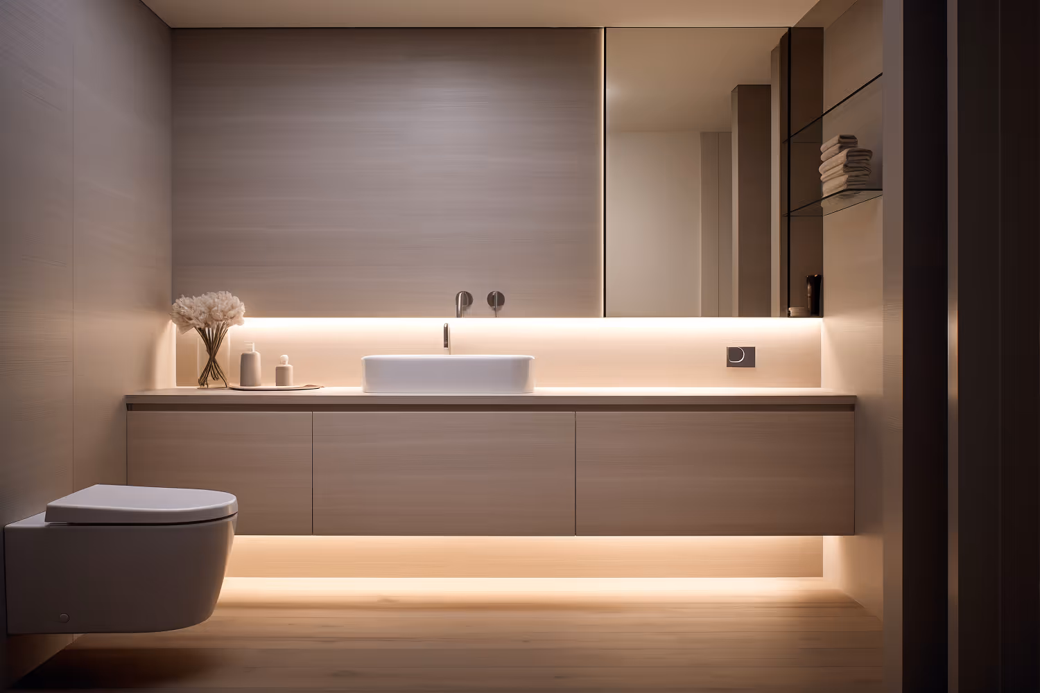 Minimalist bathroom with floating vanity, illuminated mirror, wall-mounted toilet, and soft lighting.