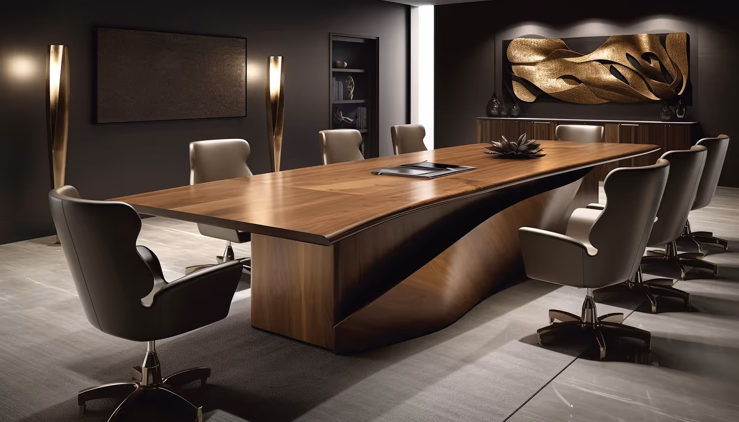 Modern conference room with a large wooden table surrounded by eight beige swivel chairs and abstract golden wall art.