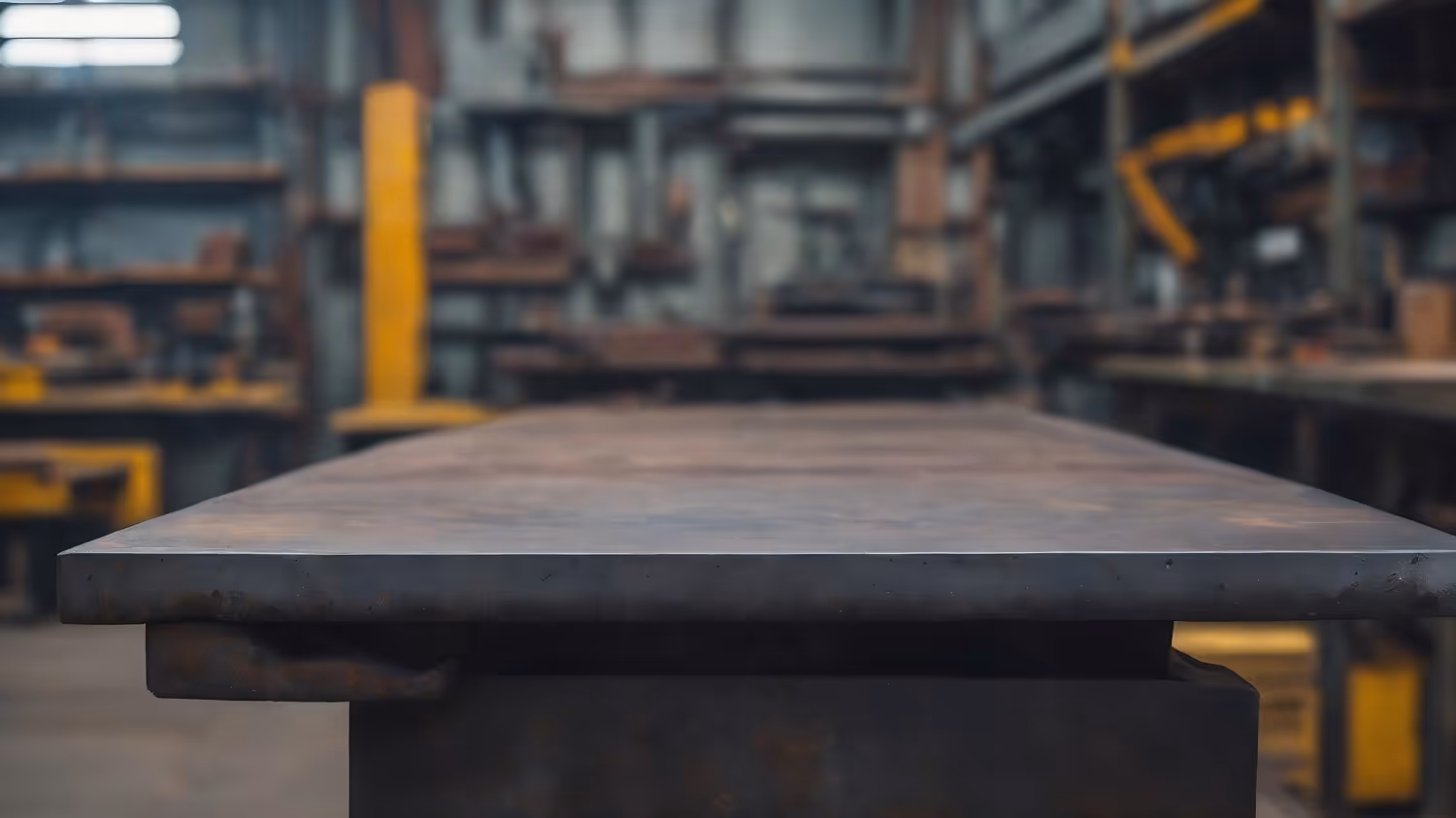 Debela metalna ploča postavljena u industrijsku radionicu sa zamućenom pozadinom alata i opreme.