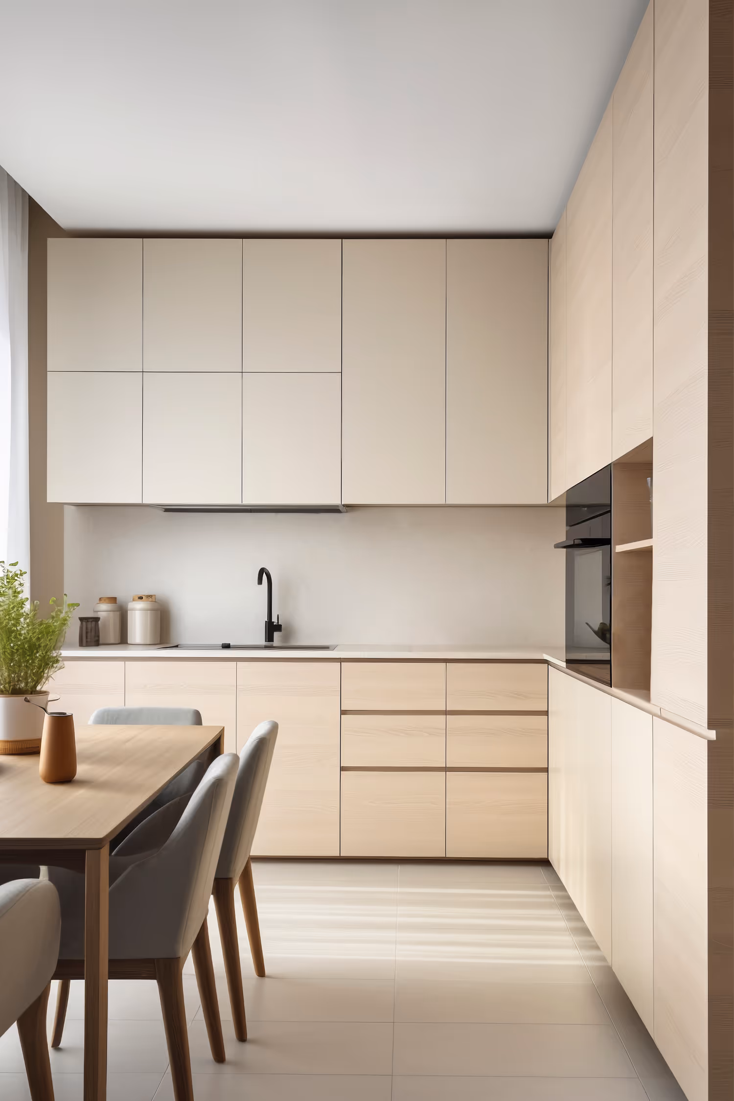 Moderna kuhinja svijetlog drveta sa sivim stolicama oko drvenog stola i crnim slavinama.