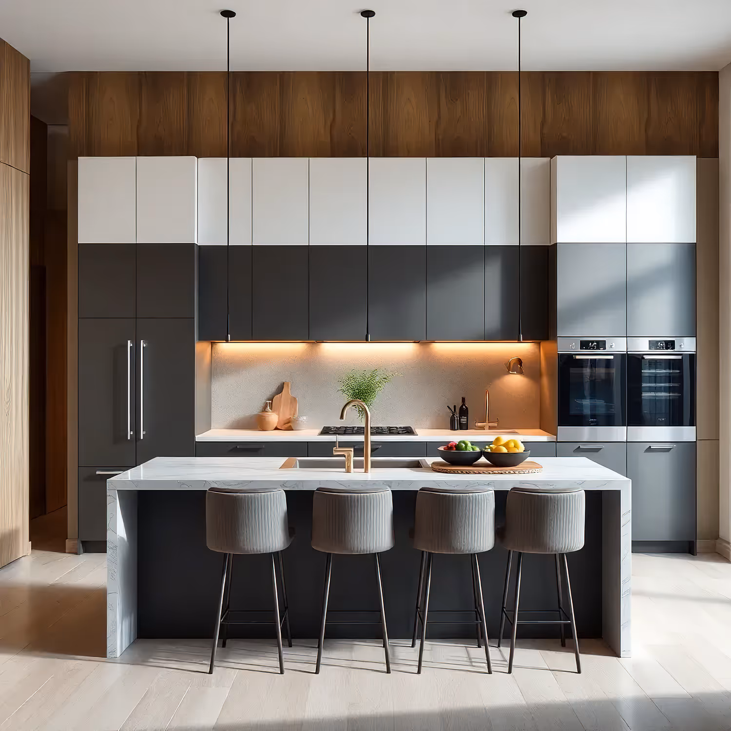Moderan kuhinjski prostor sa sivim i bijelim ormarićima, ostrvom sa mermernom pločom i četiri stolice za šank.
