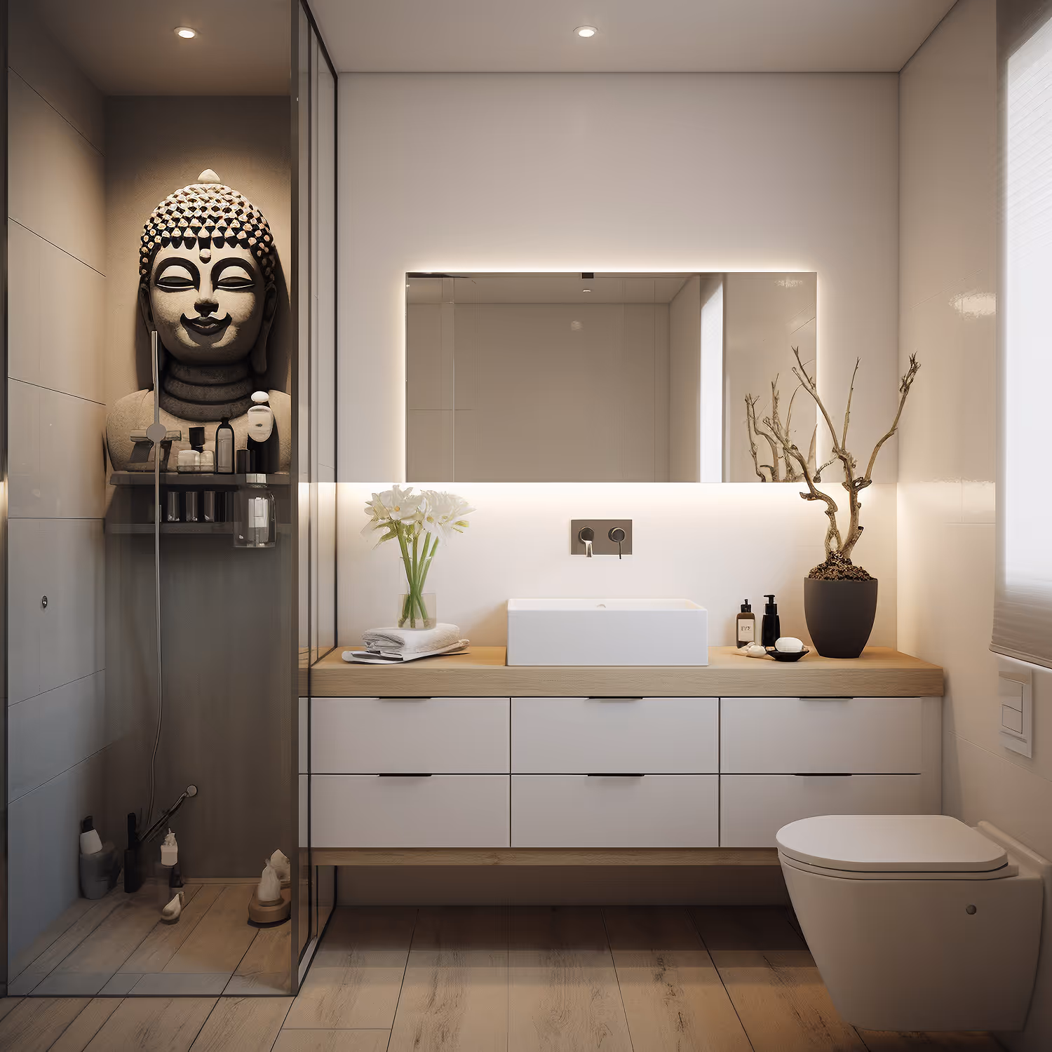 Moderna kupatilska unutrašnjost s bijelom umivaonikom na drvenom pultu, velikim ogledalom sa svjetlom, visećim WC-om i staklenom tuš kabinom sa statuom Bude.