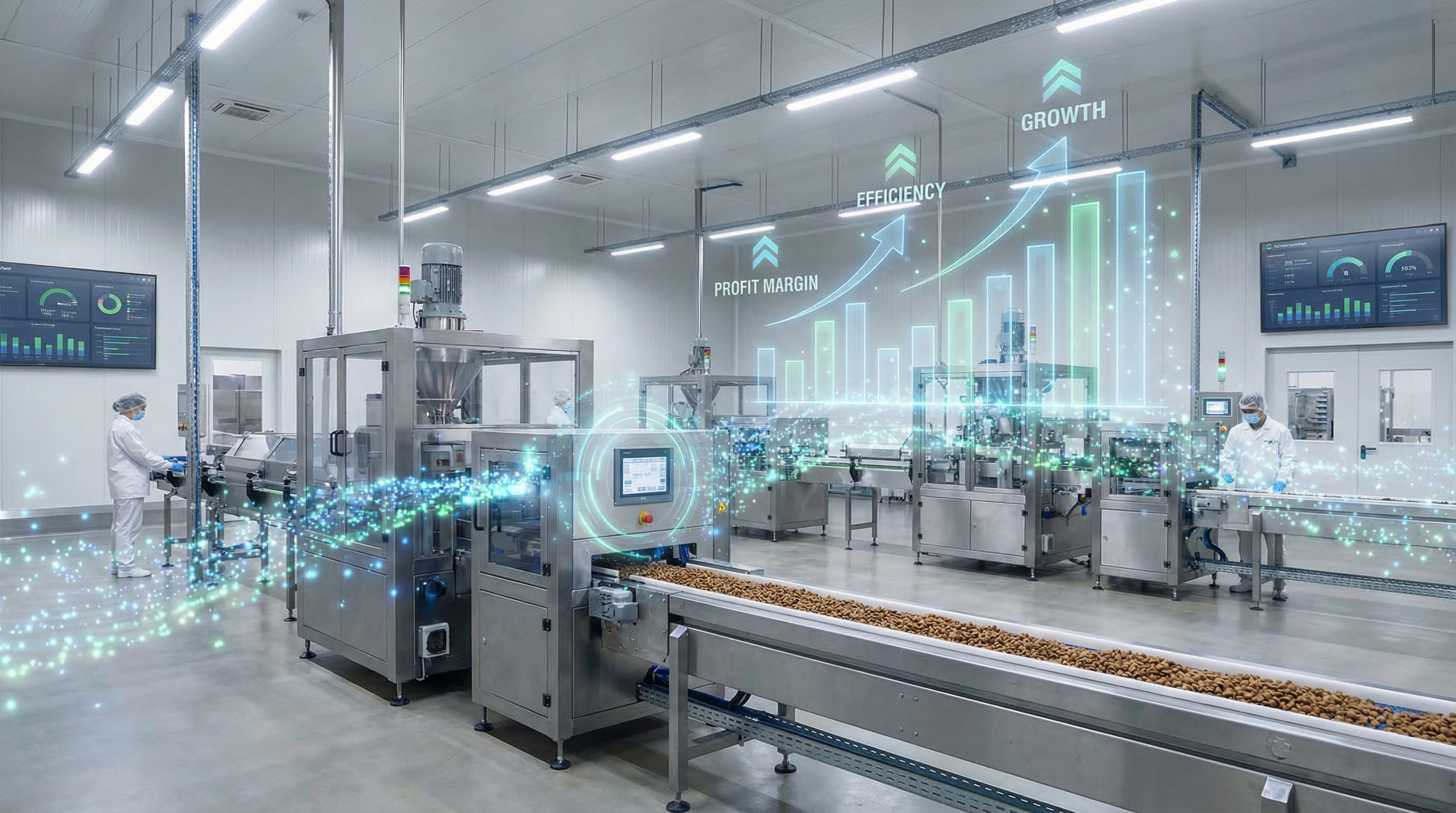 AI-powered pet food manufacturing facility with automated production line and real-time analytics improving efficiency, profit margin, and production growth