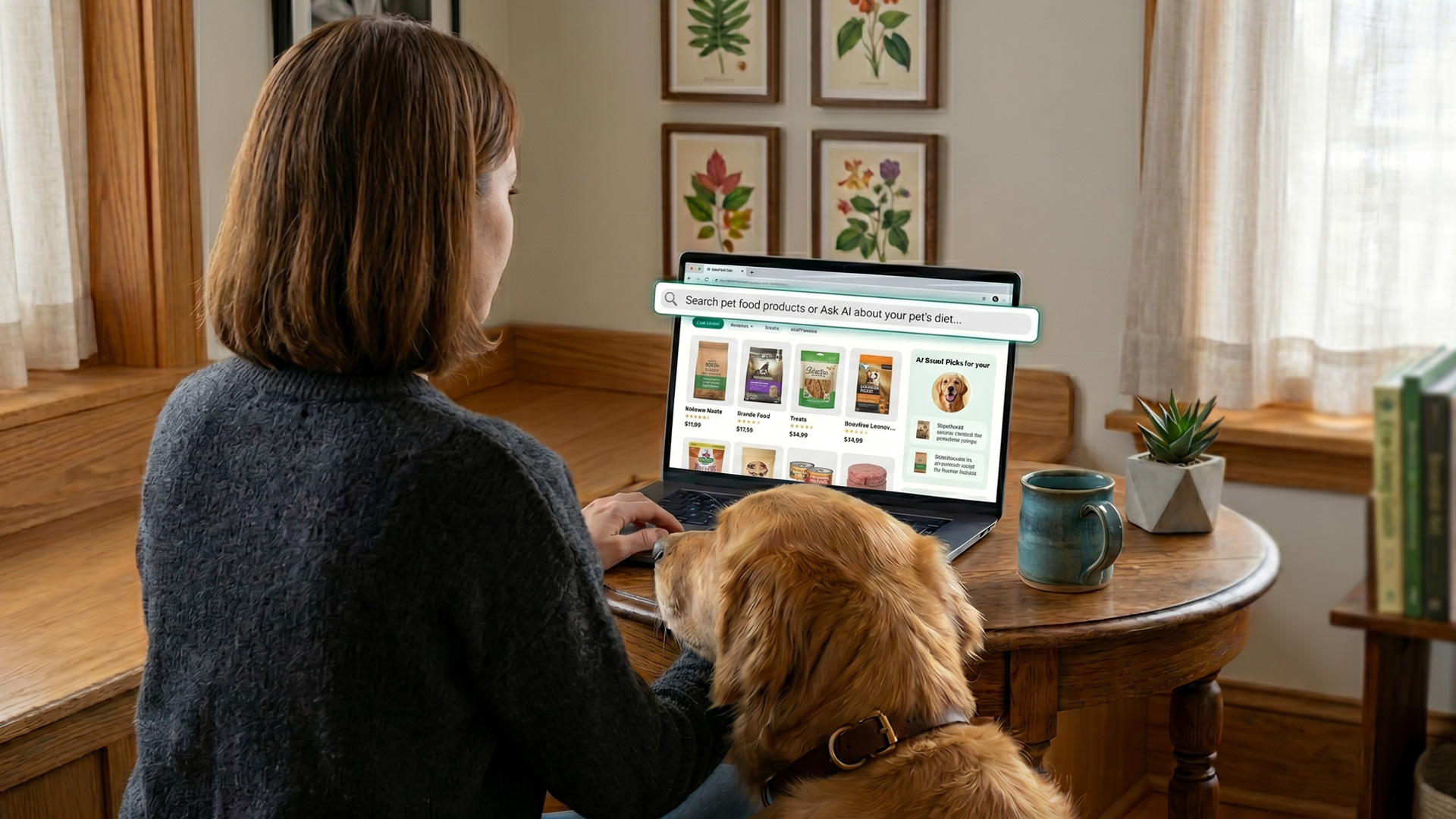 Person using AI search to explore pet food products and animal health recommendations online with dog nearby