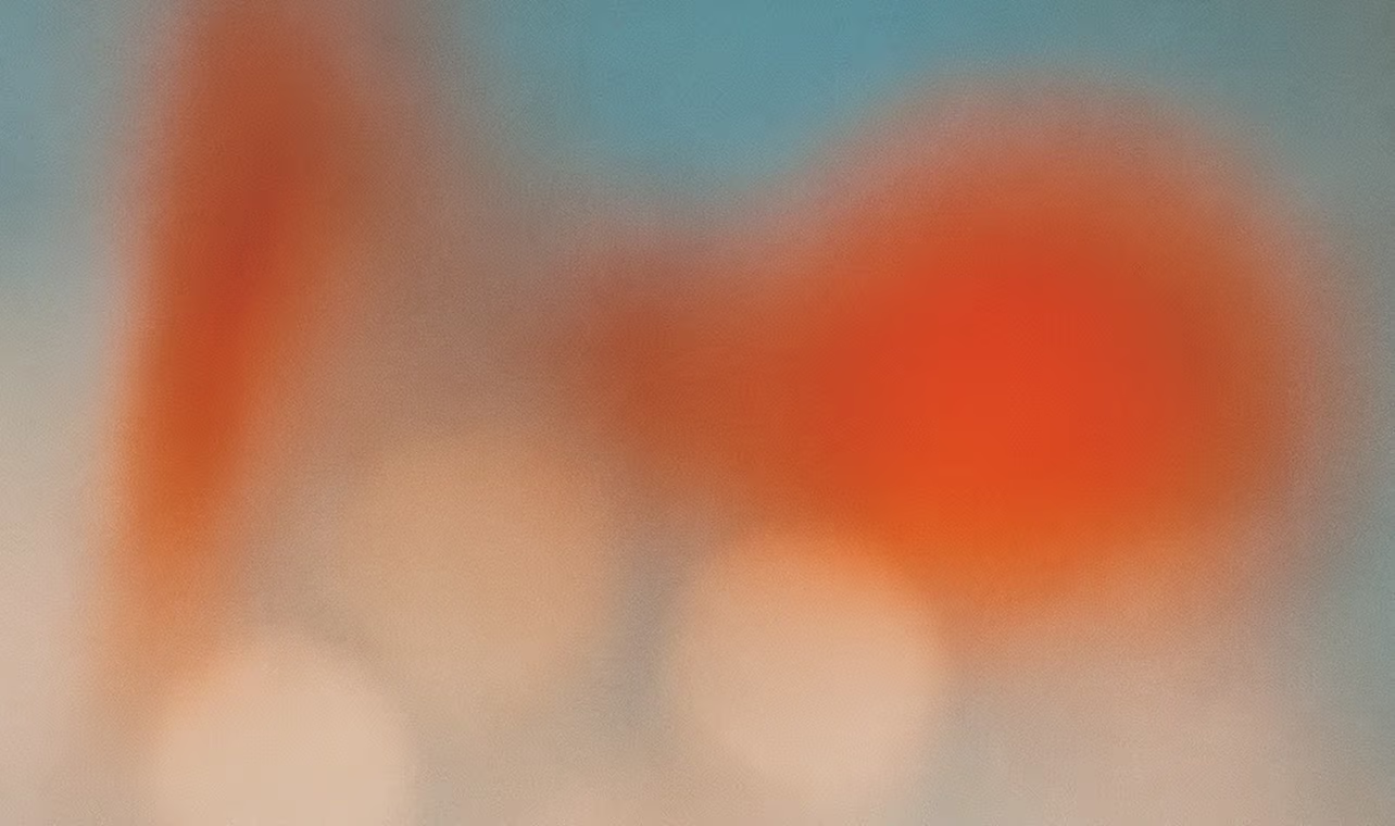 Uklart billede med orange og beige farvede former mod en blå baggrund.