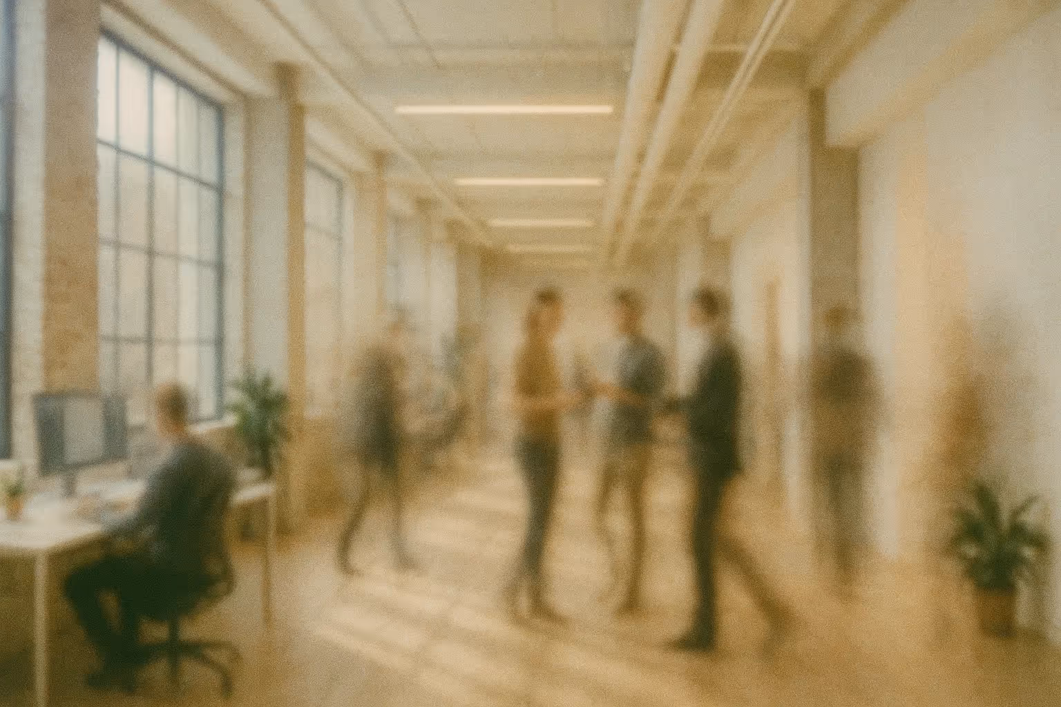 Uklart billede af mennesker, der arbejder og taler i et lyst kontorlokale med store vinduer og trægulv.