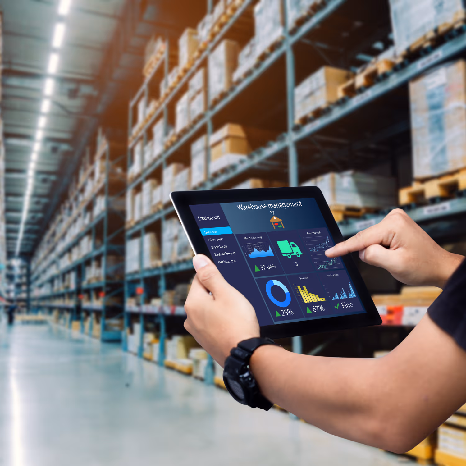 Person using a tablet to monitor warehouse management data in a large storage facility.