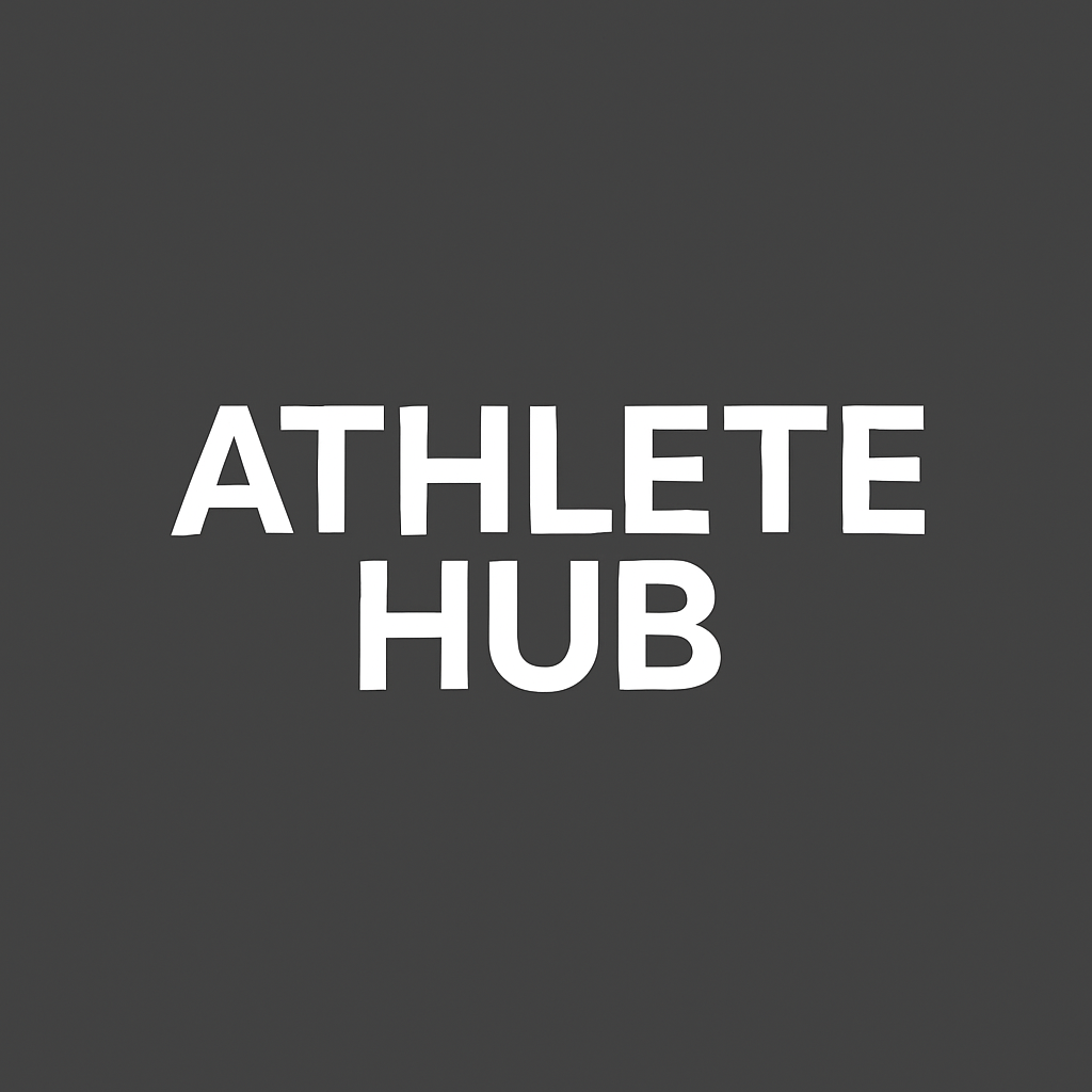 Tekstlogo som sier ATHLETE HUB i hvit på mørk bakgrunn.